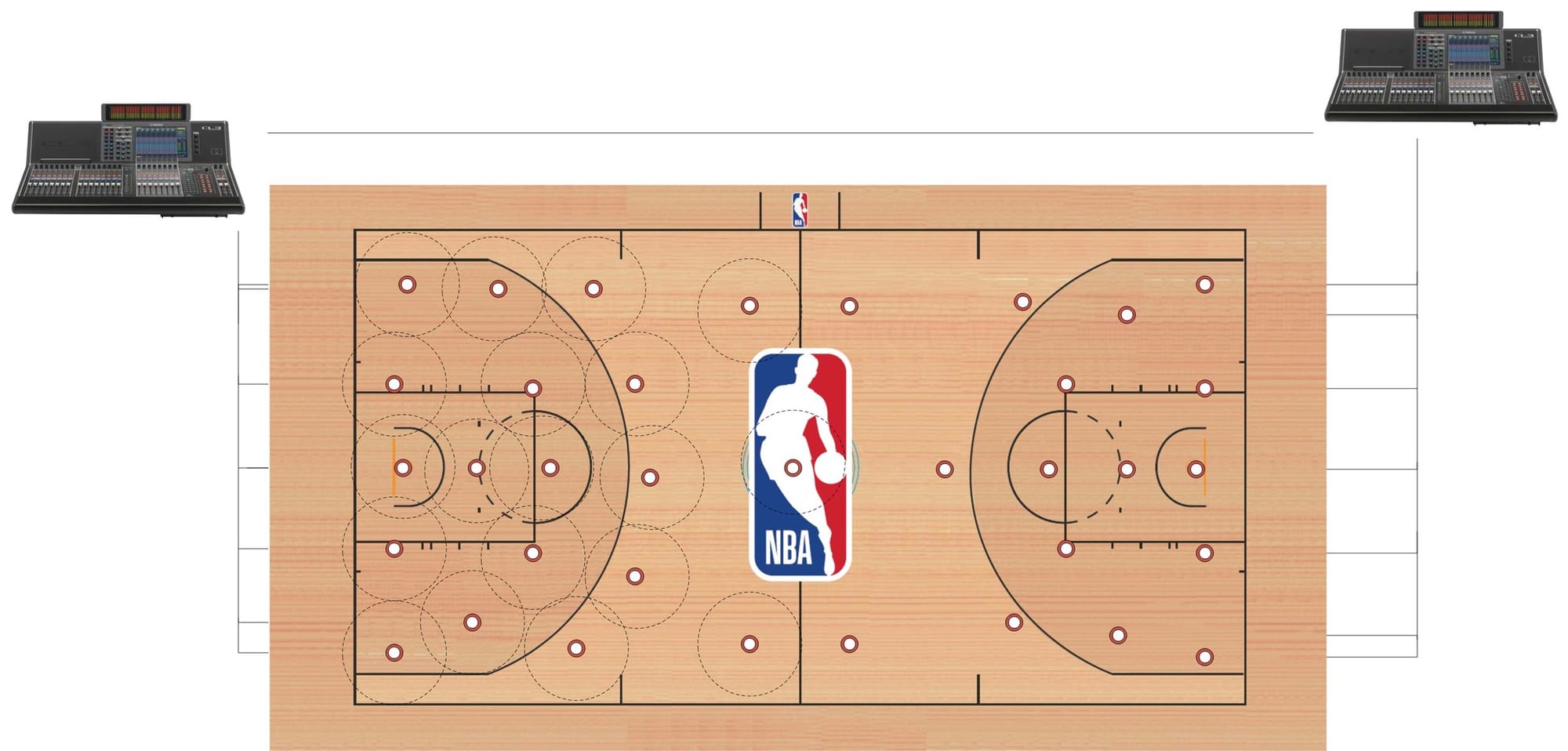 Cortado contact microphones installed under an NBA basketball court for live sound reinforcement