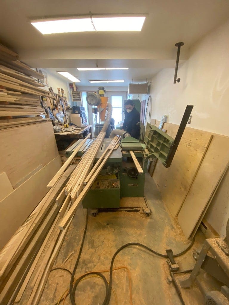 Milling the ash strips for the drum frame in the workshop